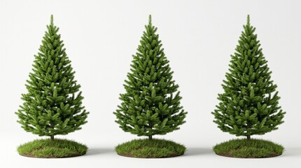 Fototapeta premium Three identical evergreen trees on grass patches, evenly spaced against white background, symbolizing symmetry, uniformity, and natural consistency.