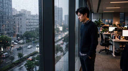 Fototapeta premium Rainy Day by the Office Window: A young Chinese man standing by an office window, raindrops sliding down the glass, side profile looking out, expression calm but tired, hands in pockets