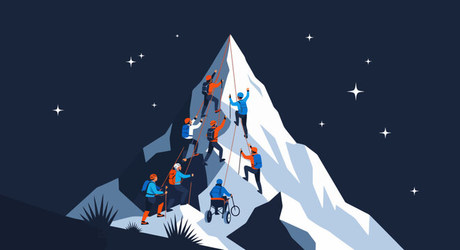 Diverse team of climbers and a person in a wheelchair summiting mountain