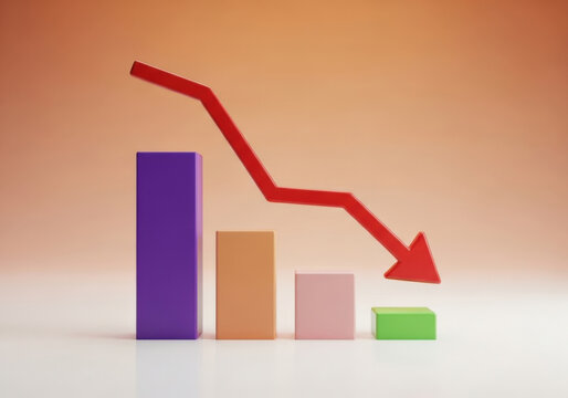 Business bar chart with red downward trend arrow indicating financial decline economic recession loss market crash decrease slump failure budget.