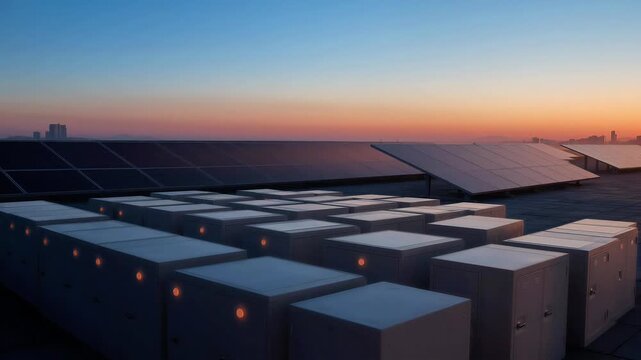 Solar panel array on building rooftop during colorful sunset energy power sun renewable sustainability