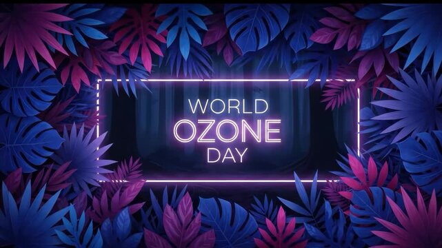 World ozone day neon sign surrounded by tropical leaves