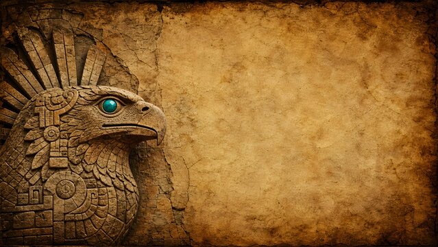 Ancient Aztec Parchment Background with Eagle Head Carved into Weathered Stone and Turquoise Eye