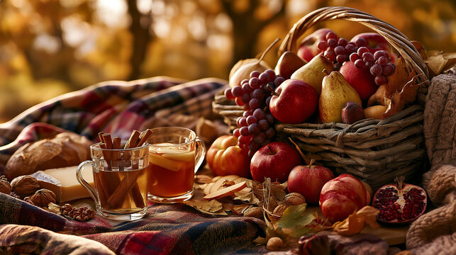 Fresh autumn harvest of apples and pears in rustic woven basket. Seasonal fall fruit arrangement with warm golden leaves and natural textures for c...
