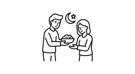 Fototapeta premium Minimalist Line Drawing of Two People Sharing Food Under Crescent Moon and Star Symbol with high quality professional line art symbols for modern creative design and digital branding projects