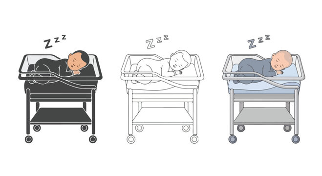 Newborn Infants Sleeping in Bassinets: Three adorable newborn babies are peacefully sleeping in medical bassinets, one in grayscale, one as a line drawing, and one in blue tones.