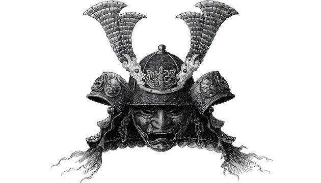 Samurai warrior helmet with demonic face and horned crest