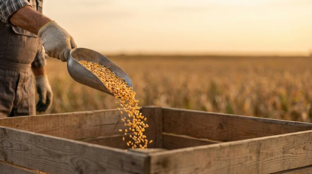 Farmer pouring golden corn kernels from a metal scoop into a rustic wooden crate in a sun-drenched field during harvest season, highlighting agricultural production and farm work.