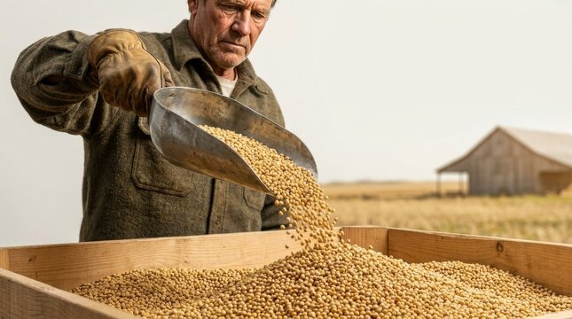 Mature farmer pouring harvested soybean seeds into a wooden bin on a rural farm