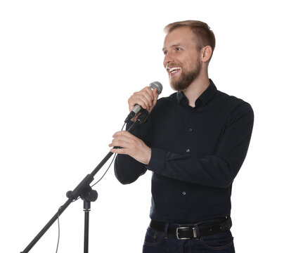 Professional singer with microphone performing on white background