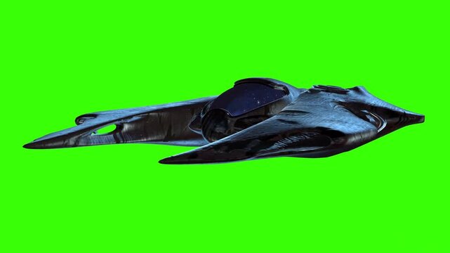 Futuristic alien spaceship hovering on a green screen background.