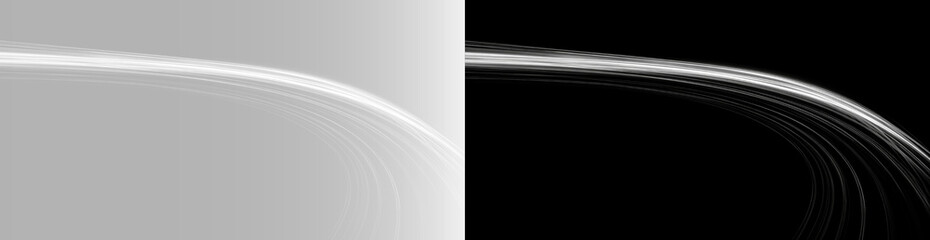 Abstract curved neon stream on trasparent and black background, futuristic fiber optic line path © Aura Canvas