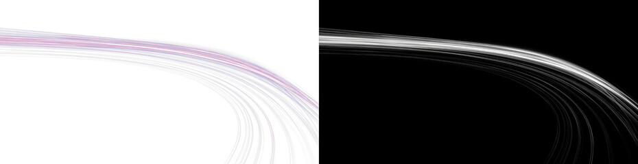 Abstract curved neon stream on white and black background, futuristic fiber optic line path © Aura Canvas