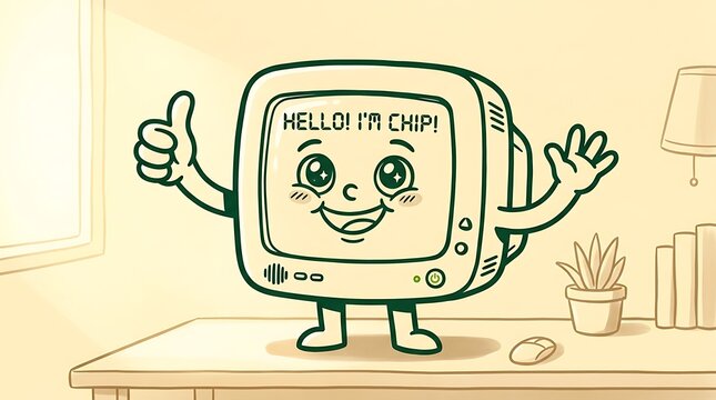 Friendly cartoon TV character with greeting message on screen