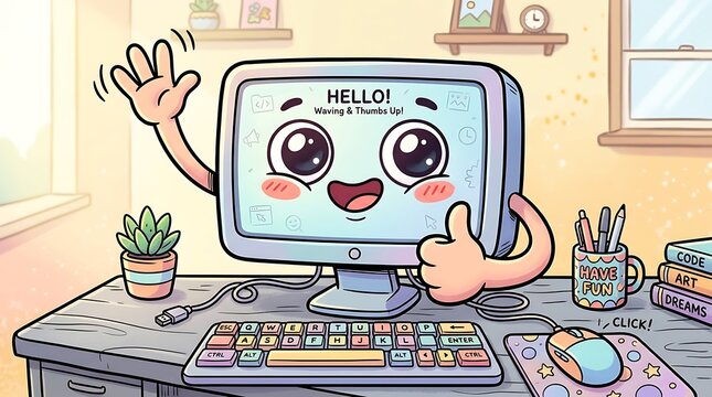 Cute cartoon computer monitor with waving arms and thumbs up
