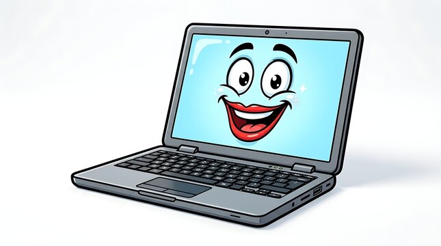 Smiling laptop computer with cartoon face on screen
