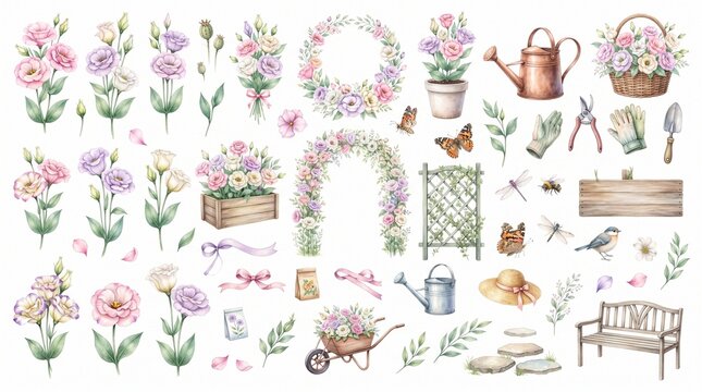 Watercolor Spring Garden Elements Collection Featuring Floral Arrangements and Charming Decorative Gardening Accessories