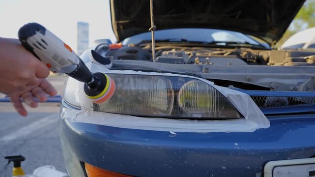 The process of polishing car headlights outdoors. 