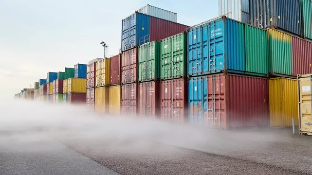 Stack of industrial shipping containers at port terminal with morning fog container logistics freight cargo transport