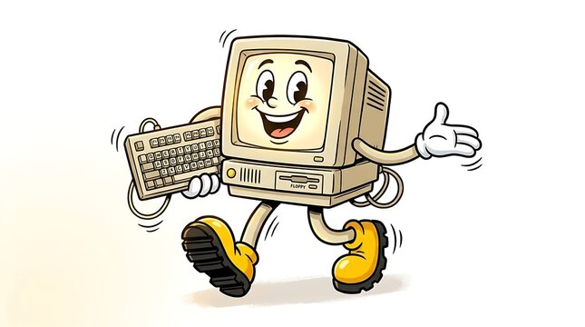 Happy cartoon computer character running with keyboard