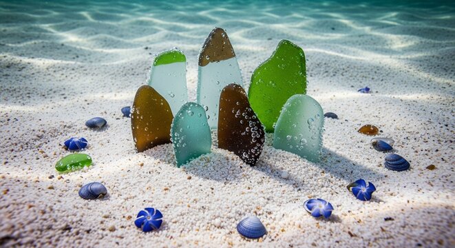 Colorful sea glass pieces on white sand underwater.