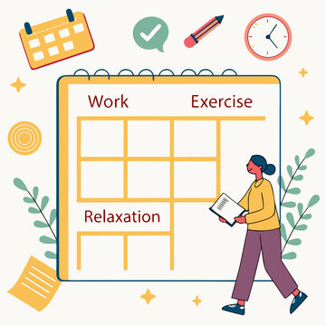 Woman planning personal schedule work exercise relaxation