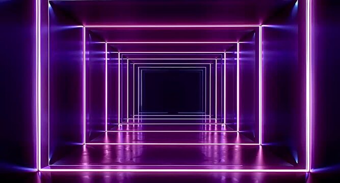 Seamless flight through an endless, futuristic square tunnel illuminated by vibrant purple and pink neon lights, creating a mesmerizing and immersive visual experience for sci fi concepts