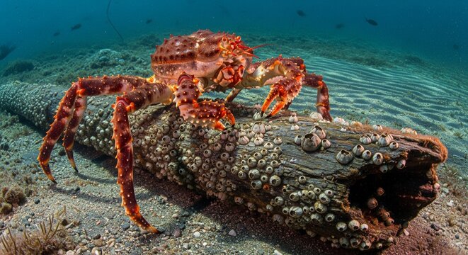 A large red king crab sitting on top of an old pipe or log covered with barnacles underwater in clear blue sea water.