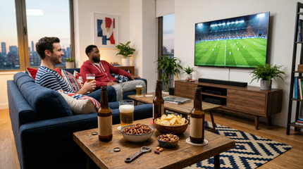 Fototapeta premium Two men watching football match on television in living room with snacks and drinks