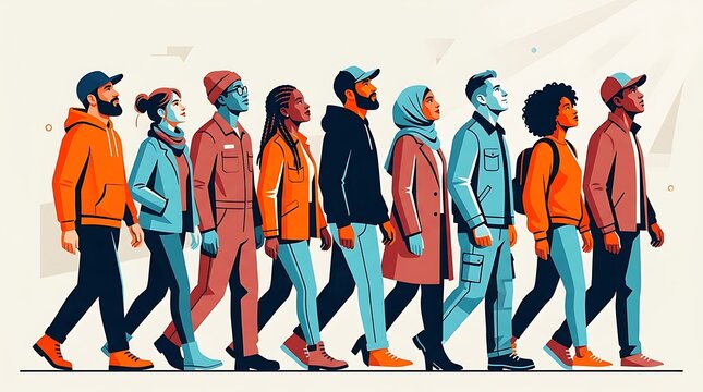 Diverse group of young people walking together in a line