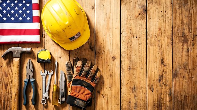 Construction tools and yellow hard hat on wooden table