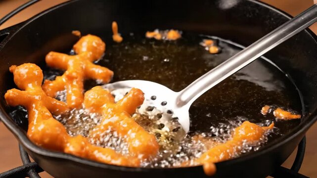 Gingerbread man shaped dough frying in hot oil skillet