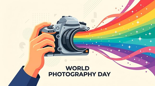 Hand holding camera with colorful rainbow coming from lens