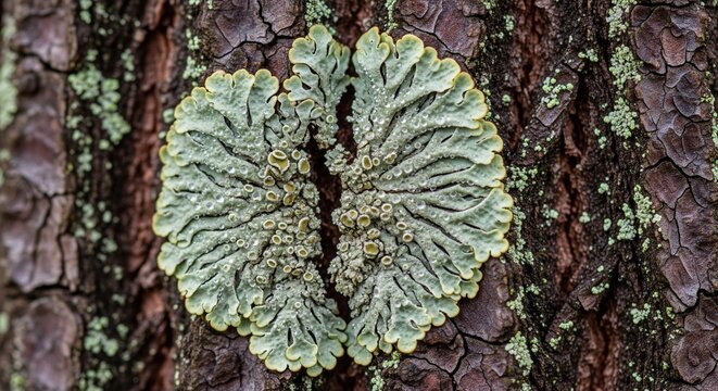 A round, pale green rosette lichen growing flat against the textured dark brown bark of a pine tree trunk