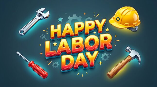 Happy labor day greeting with construction tools and helmet