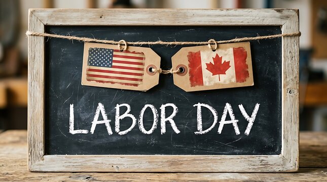 Labor day sign with american and canadian flags on chalkboard
