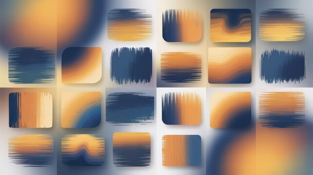 Collection of abstract blue and yellow square shapes with brush strokes