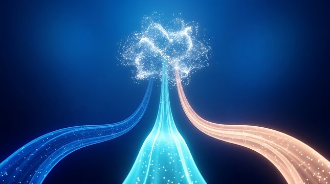 Abstract light trails flowing from a glowing magic tree
