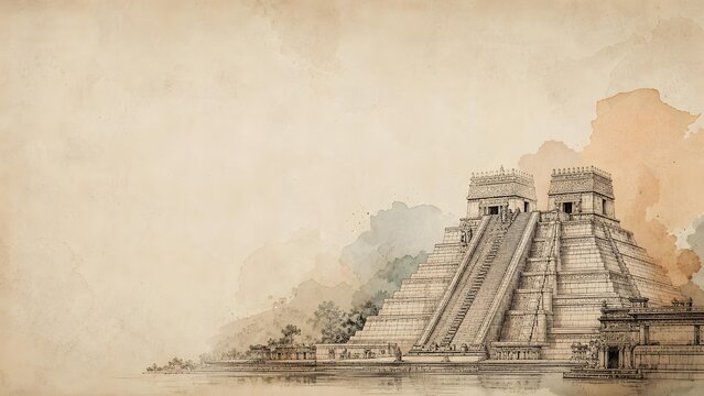 Ancient Aztec Tenochtitlan Temple Line Art Illustration on Parchment with Stepped Pyramid Architecture