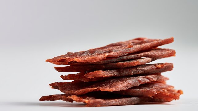 Stack of savory beef jerky slices arranged on a clean white background in a minimalist studio style