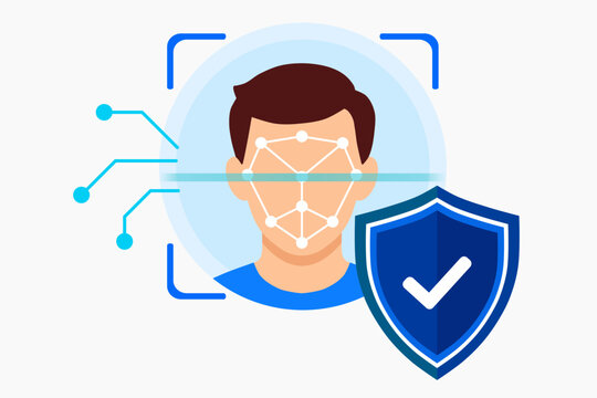 Facial recognition security. Biometric identity verification. Protected face scan. Flat technology illustration