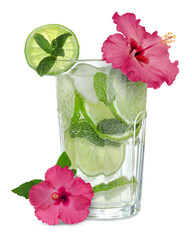 Cocktail in glass decorated with lime slice and hibiscus flowers isolated on white © New Africa