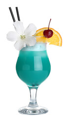 Cocktail in glass decorated with hibiscus flower, maraschino cherry and orange slice isolated on white © New Africa
