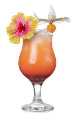 Cocktail in glass decorated with hibiscus flower and physalis fruit isolated on white © New Africa