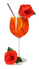 Cocktail in glass and hibiscus flowers isolated on white © New Africa