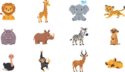 Cute Safari and African Jungle Animal Cartoon Character Set with Lion Giraffe Elephant and Zebra Elements for Kids Education and Nursery Designs © Afasana