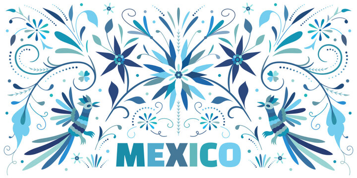 Mexican tenango style banner template. Otomi folk embroidery pattern background for invitation, greeting card or banner.