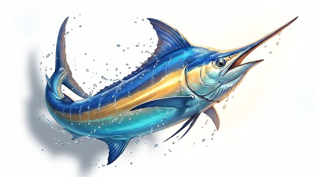 Vibrant Blue and Gold Marlins Fish Jumping Out of Water