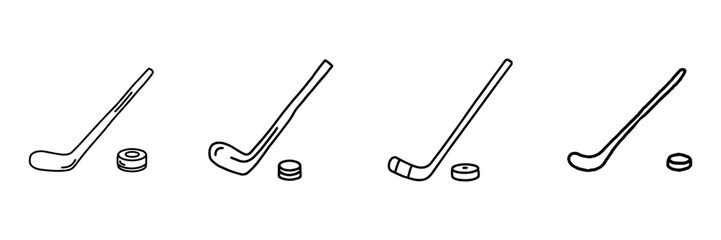 Obraz premium Hockey Stick And Puck Hand Drawn Doodle Icon Set. Ice Hockey Equipment, Game Play And Sports Training Sketch Symbol Collection. Sports And Recreation. Isolated Vector Illustration