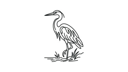 Obraz premium Minimalist Heron Bird Line Art Drawing Standing on Grass Near Water